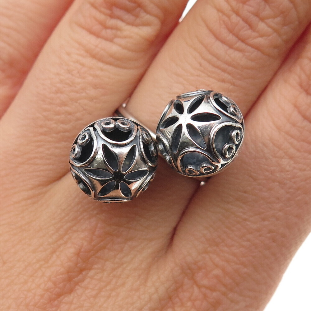 BEAU 925 Sterling Silver Vintage Ornate Ball Oxidized Adjustable Ring Size 7.5